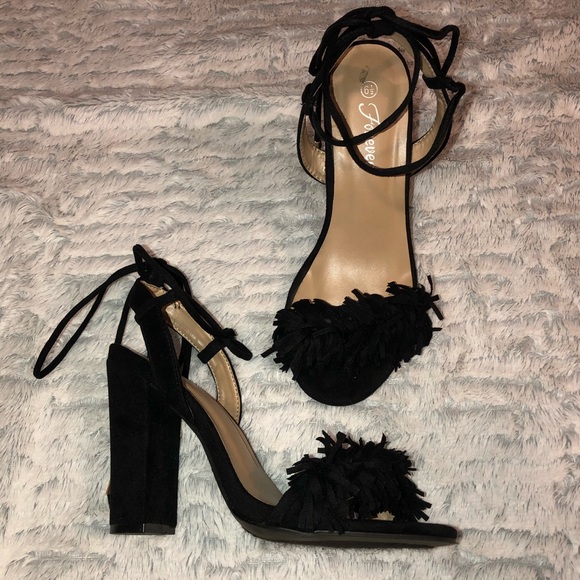 Suede fringe ankle tie sandals heels - Picture 2 of 3